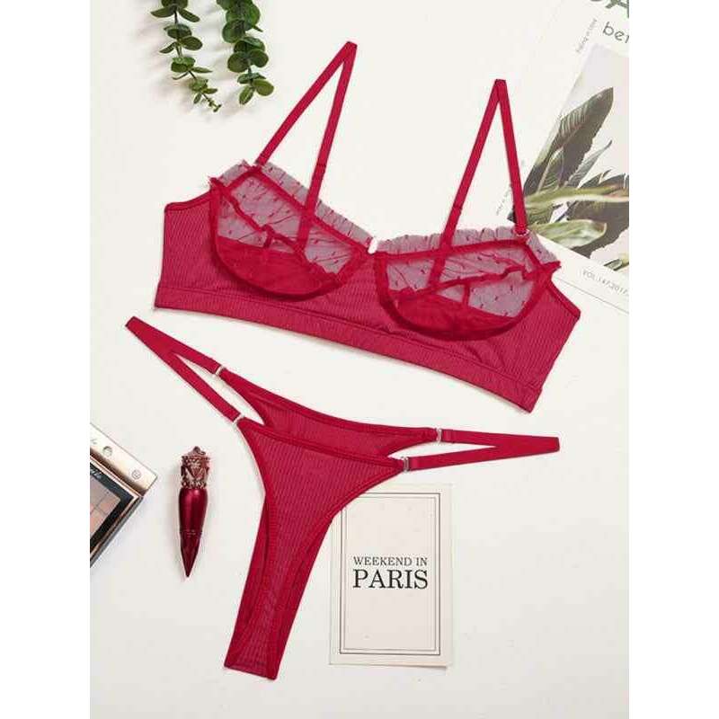 Smiling Maria lace mesh camisole lingerie set in red with matching thong for stylish comfort