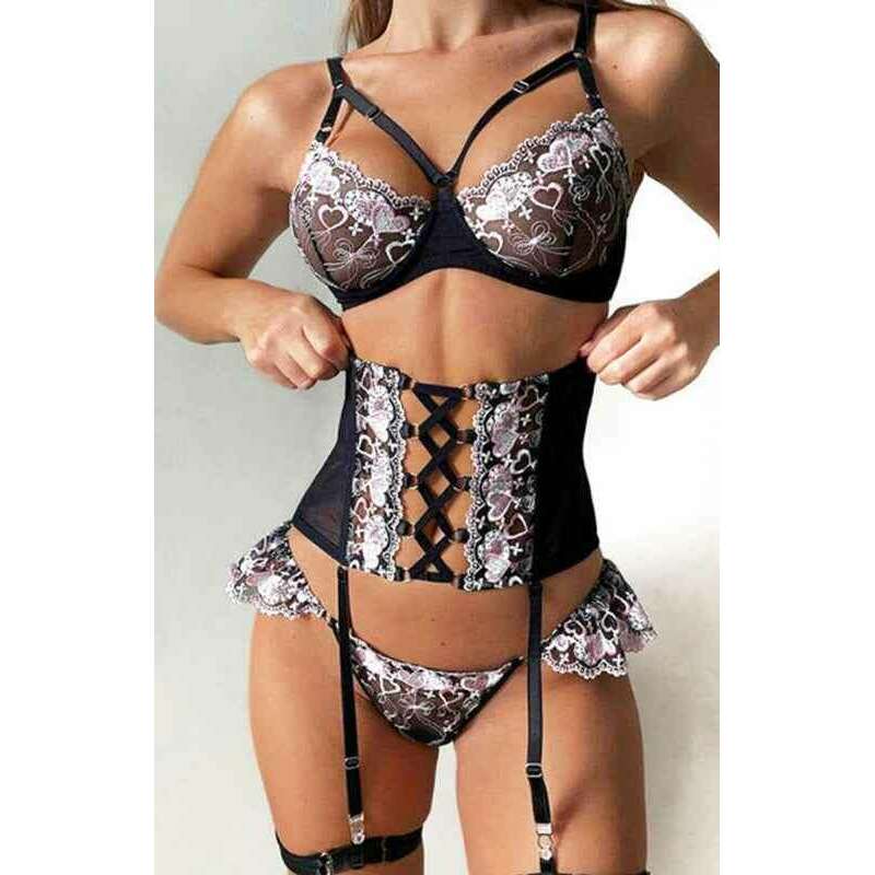 Lace-up heart embroidery lingerie set by Smiling Maria with elegant detailing and seductive style