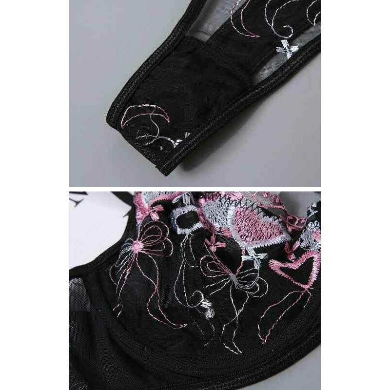 Close-up of Smiling Maria lace-up heart embroidery lingerie set showcasing intricate detailing and design