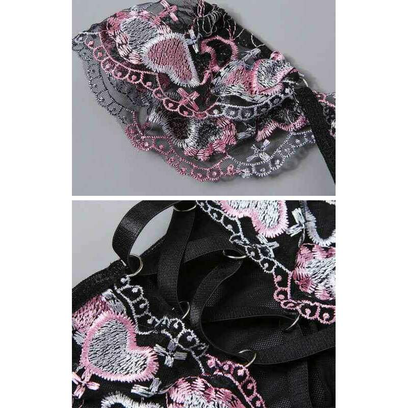 Lace-up heart embroidery lingerie set with intricate pink and black detailing for a romantic look