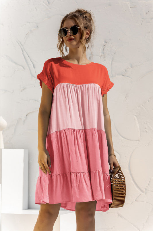 Color Block Boho Baby Doll Shirt Dress – Loose Fit, Short Sleeves, Lightweight Knit