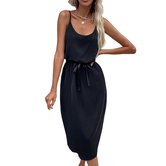 Solid Color Split Suspender Midi Dress – Sleek Fit & Chic Style