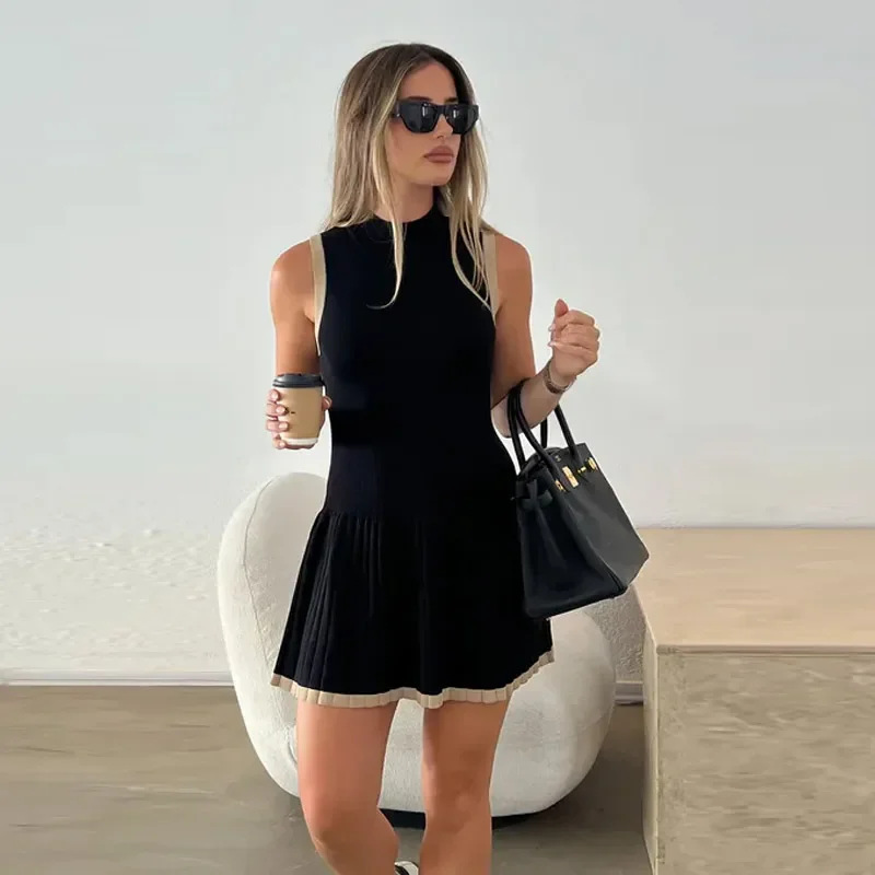 Knit Ruffle A-Line Mini Dress – Round Neck, Sleeveless, Casual Chic