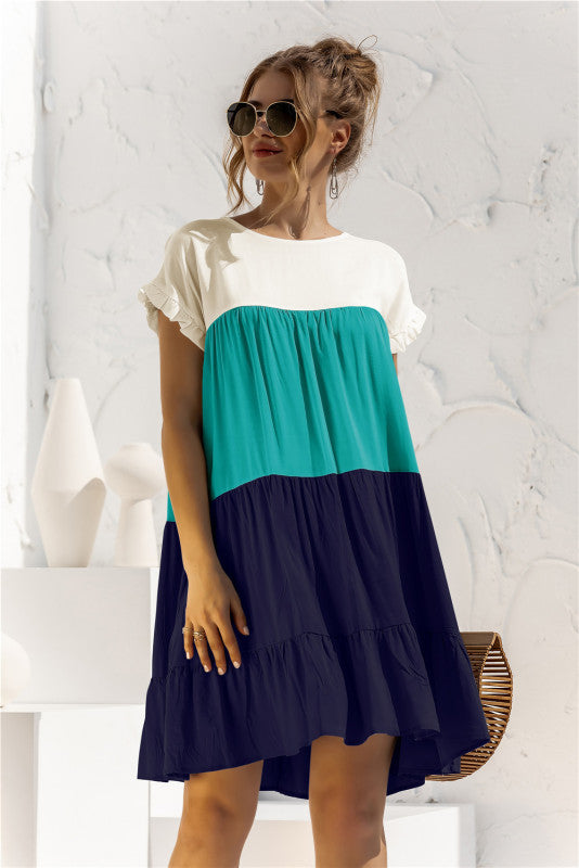 Color Block Boho Baby Doll Shirt Dress – Loose Fit, Short Sleeves, Lightweight Knit