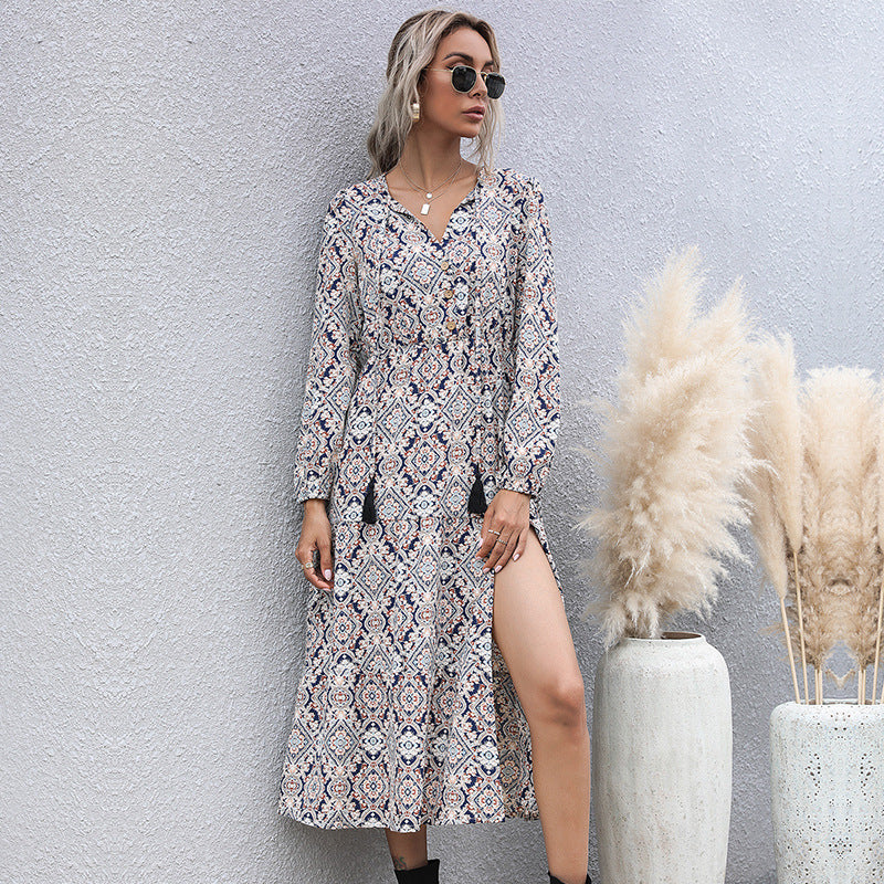 Geometric Print Long Sleeve Midi Dress – Woven Polyester, Fall Style