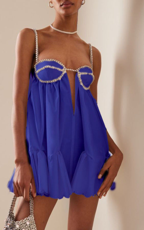Pleated Swing Dress with Suspender Straps & Diamond Accents – Spring Sexy Sleeveless Fit