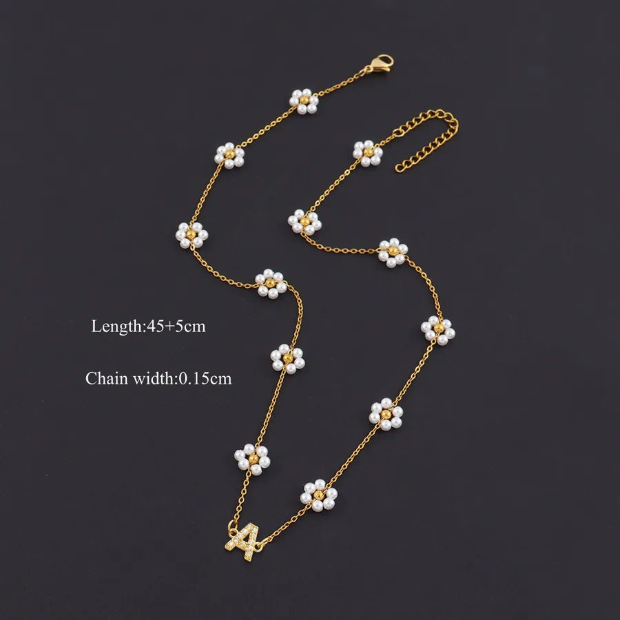 18K Gold Plated Letter Pendant Pearl Necklace Gold A