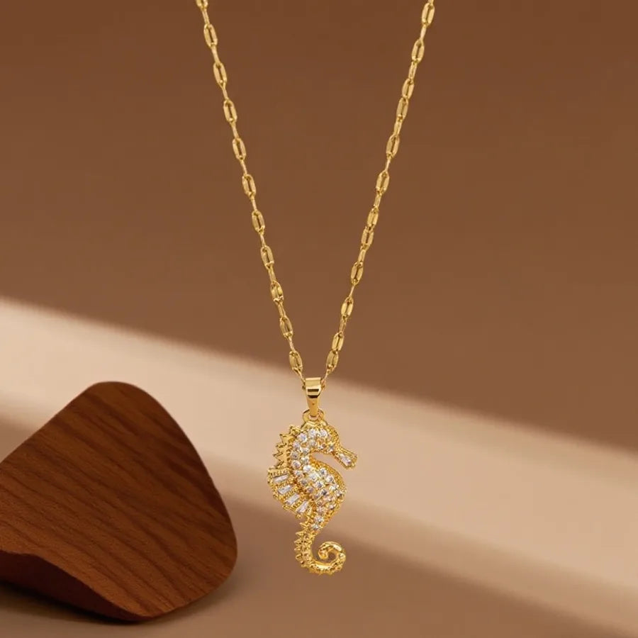 Geometric Titanium Steel Necklace for Women X08051 [Copper Pendant] Inlaid Diamond Seahorse Necklace - Gold