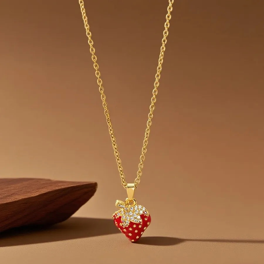 Geometric Titanium Steel Necklace for Women X08279 [Copper Pendant] Red Strawberry - Necklace - Gold