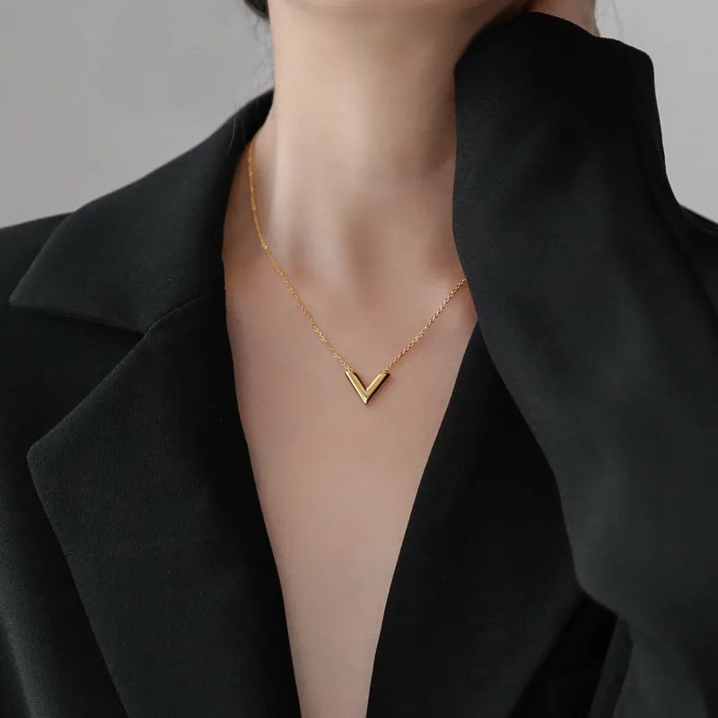 Elegant Titanium Steel Pendant Necklace X0113-Letter V-Necklace- Gold