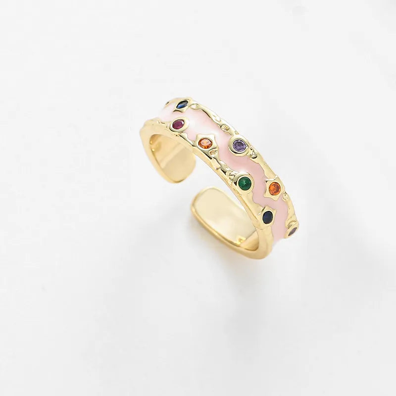 Colorful Enamel Open Ring for Women Multicolor Oil Drop Inlaid Diamond Ring Light Pink Sold Individually