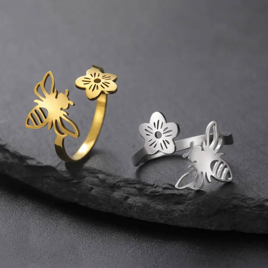 Gold Five-Petal Flower & Insect Open Ring