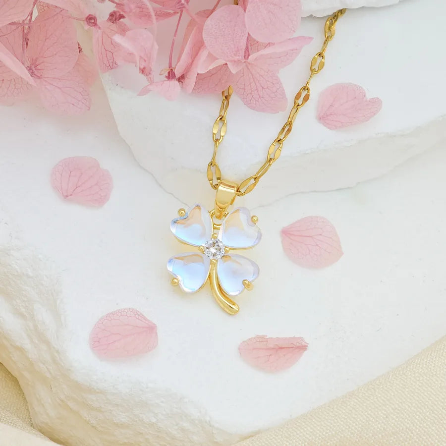 Titanium Steel Heart Clover Necklace XL293 Aurora Cat Eye Four-Leaf Clover Necklace Gold Lip Chain