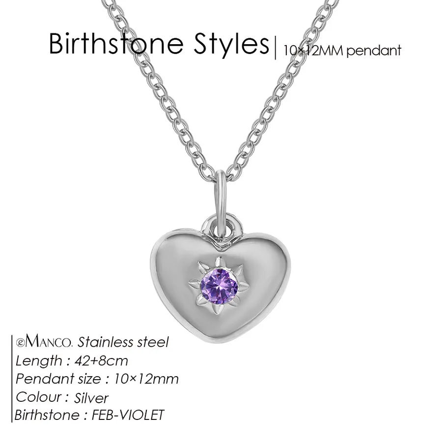14K Gold Heart Birthstone Necklace for Women February Violet Steel Color
