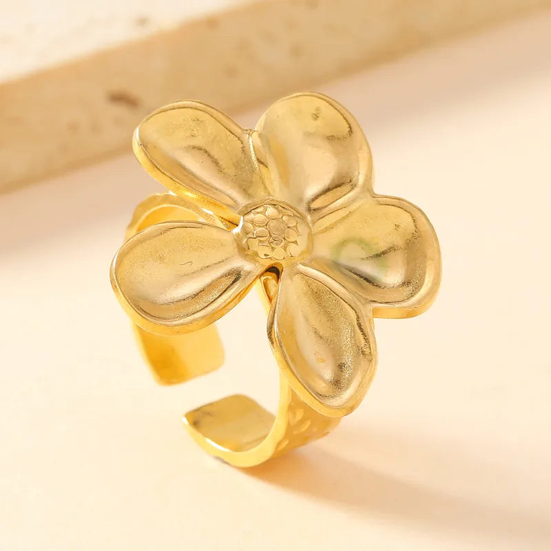 Gold Floral Butterfly Stainless Steel Ring Average Size Glossy Five-Petal Flower