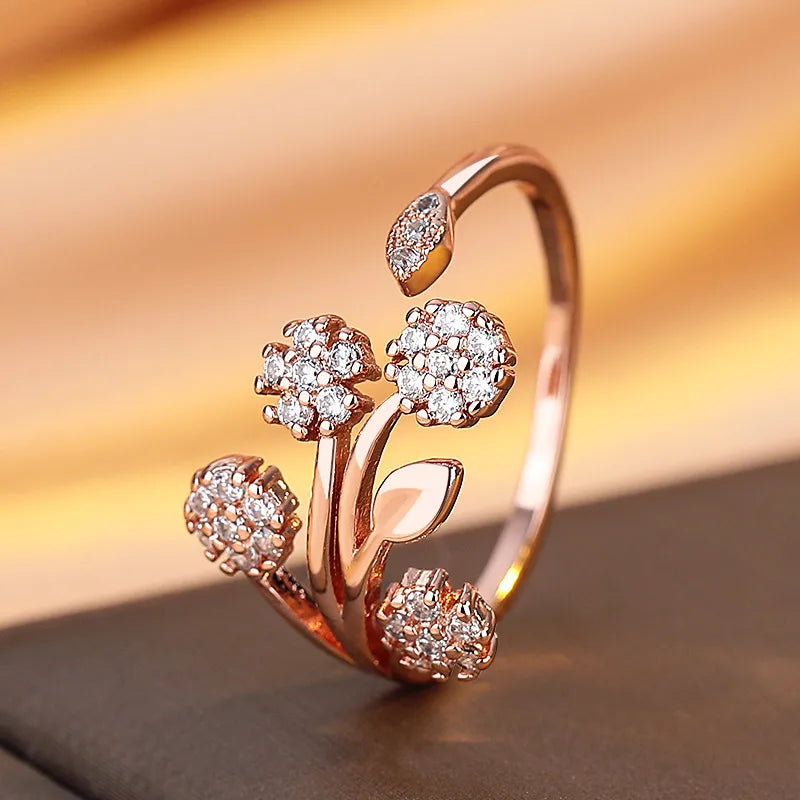 Sterling Silver Leaf & Flower Open Ring