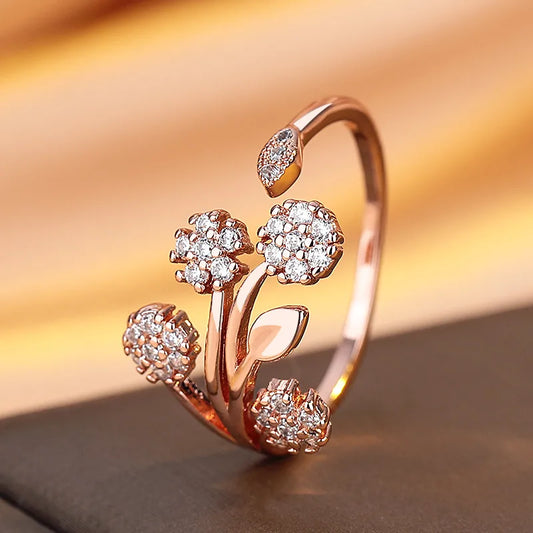 Sterling Silver Leaf & Flower Open Ring