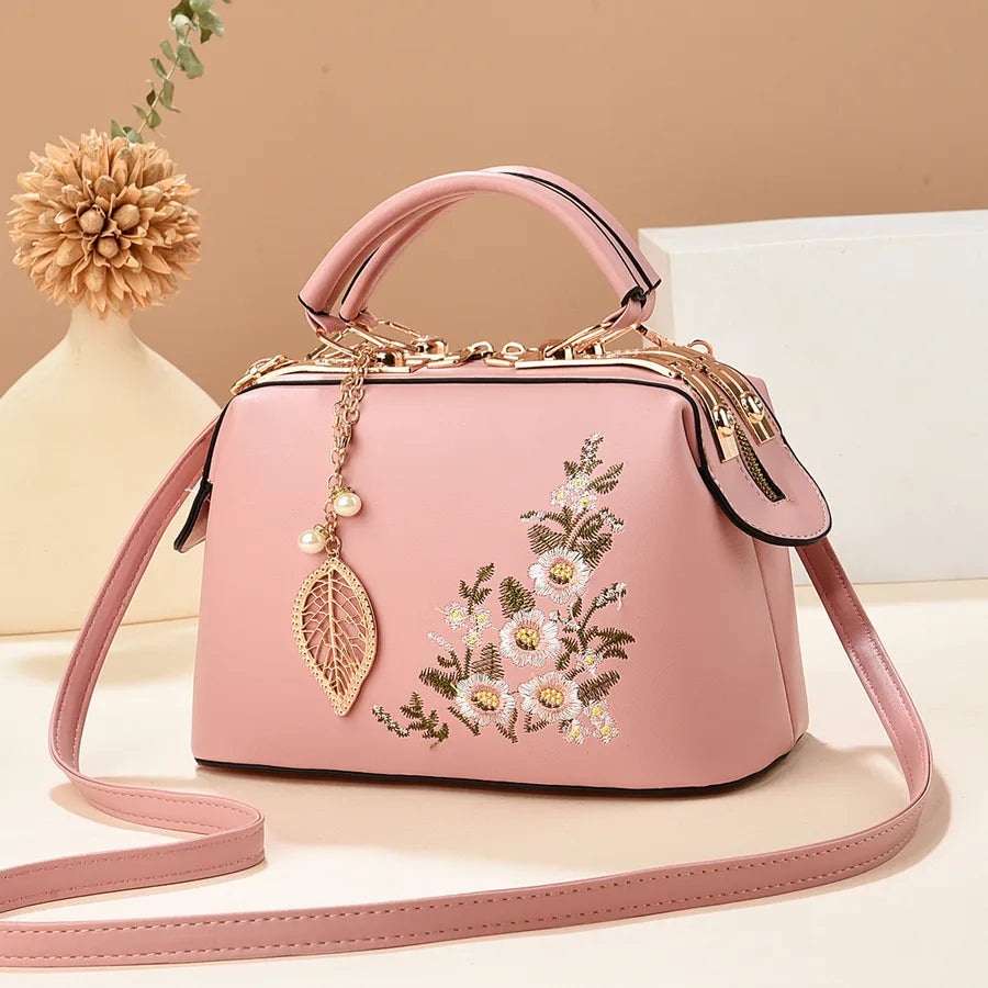 Floral Embroidered Retro PU Leather Shoulder Bag Pink 24*12*15CM