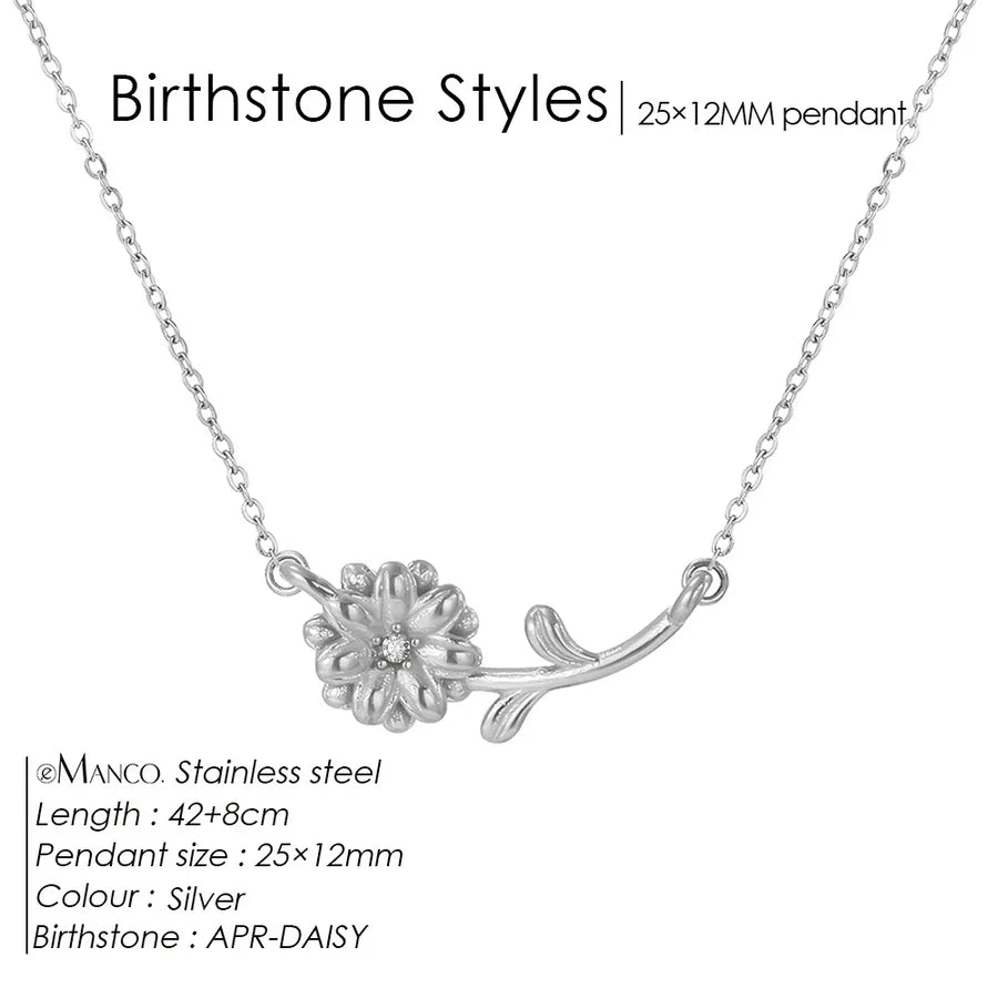 14K Gold Plated Flower Pendant Necklace April White Zirconium Steel Color