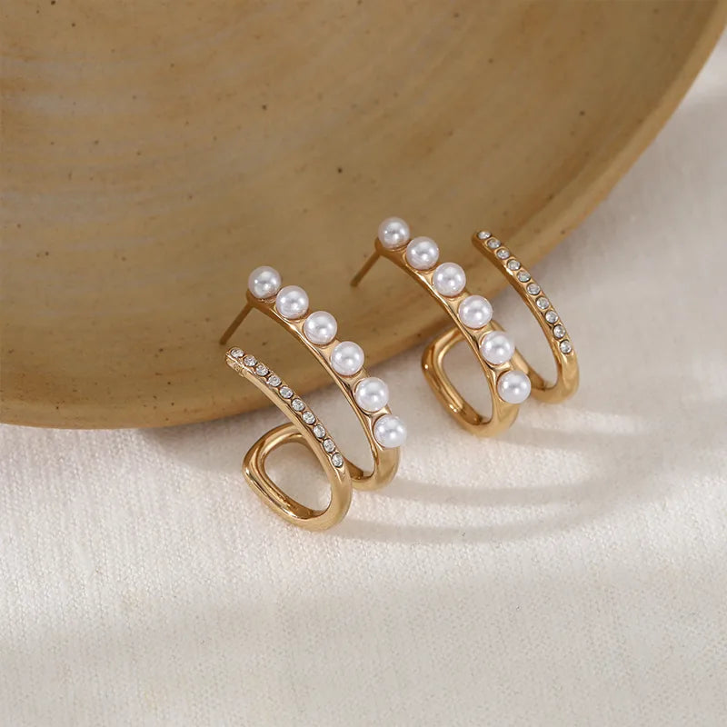 French Retro Pearl Zircon C-Shaped Earrings