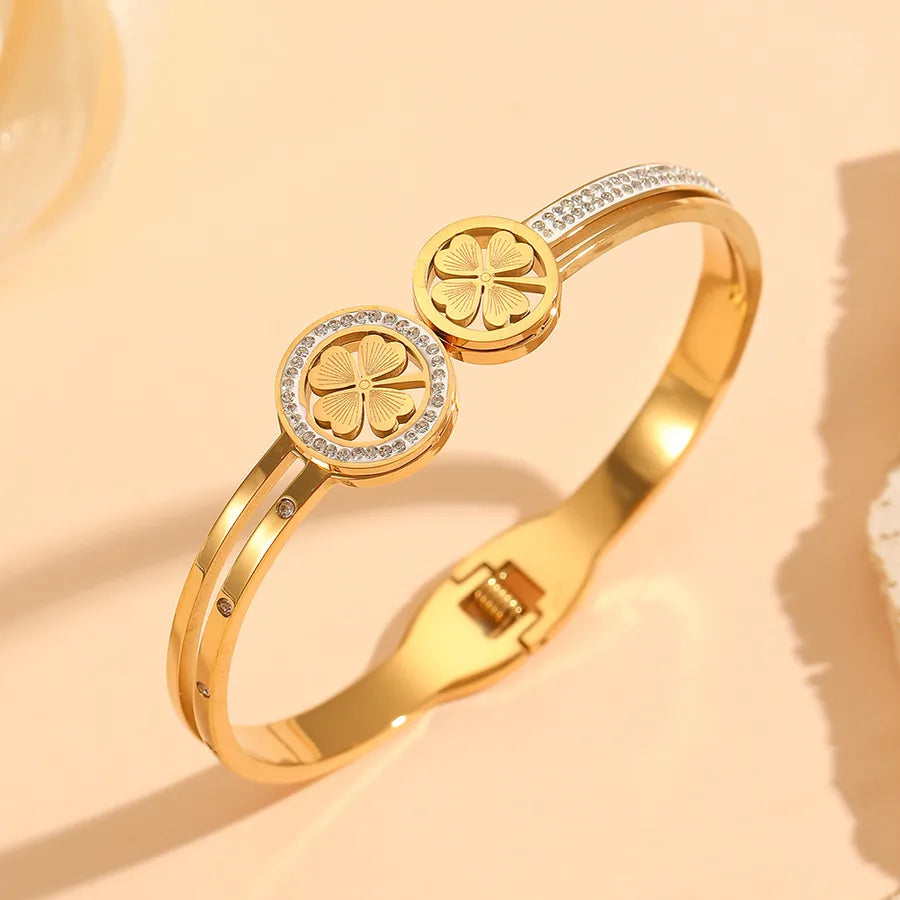 18K Gold Flower Bangle – PVD Coated Stainless Steel Two Small Flower Bracelet with Rhinestones