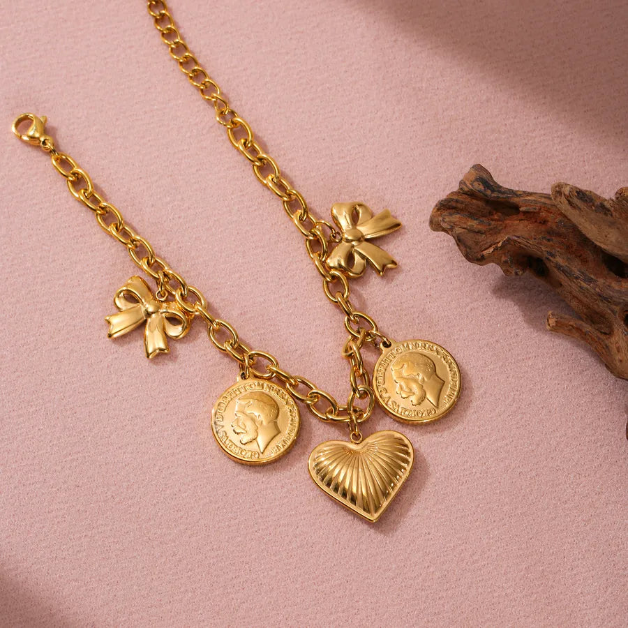 Gold Heart & Bowknot Stainless Steel Bracelet