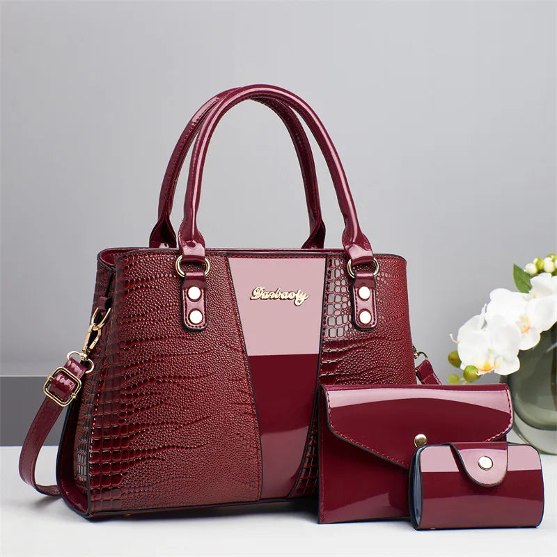 3-Piece Crocodile Pattern PU Shoulder Bag Set Red 30*11*22cm