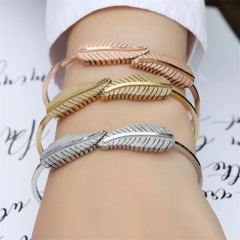 Feather Leaf Open Cuff Bracelet – Stainless Steel
