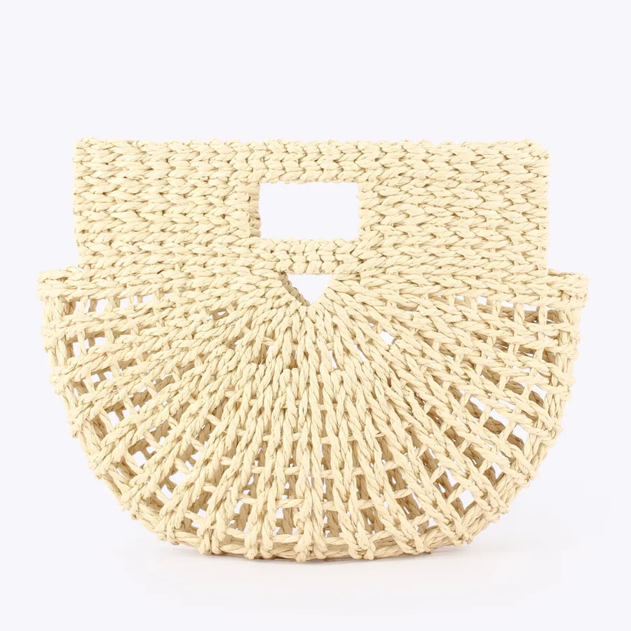 Woven Summer Handbag – Multicolor Semicircle Tote Beige