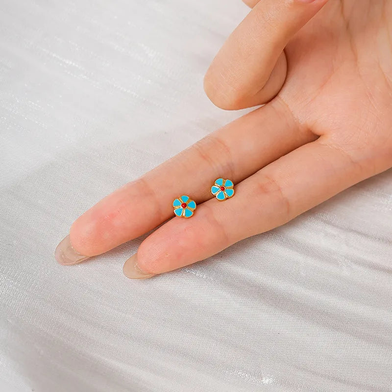 Blue Flower Stud Earrings – Gold Plated Stainless Steel