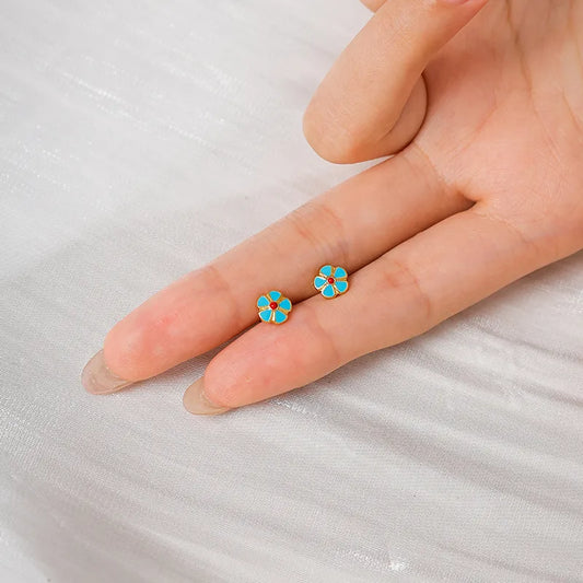Blue Flower Stud Earrings – Gold Plated Stainless Steel