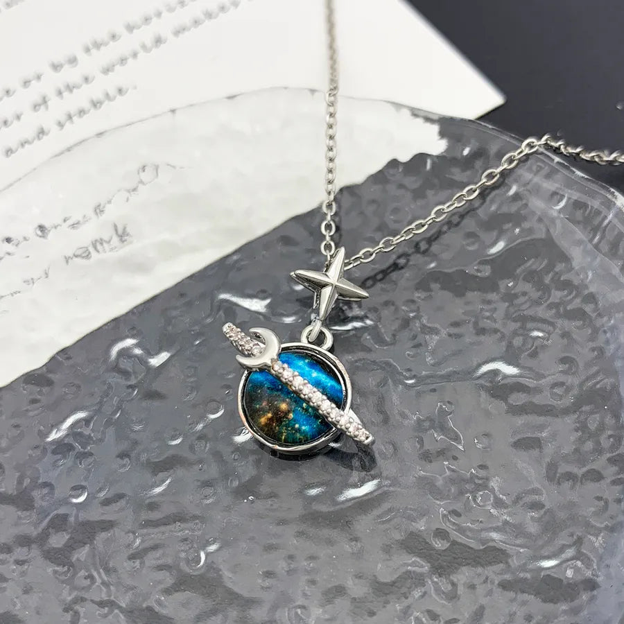 Starry Sky Planet Zircon Pendant Necklace XL1152 Star Moon Planet Necklace Silver