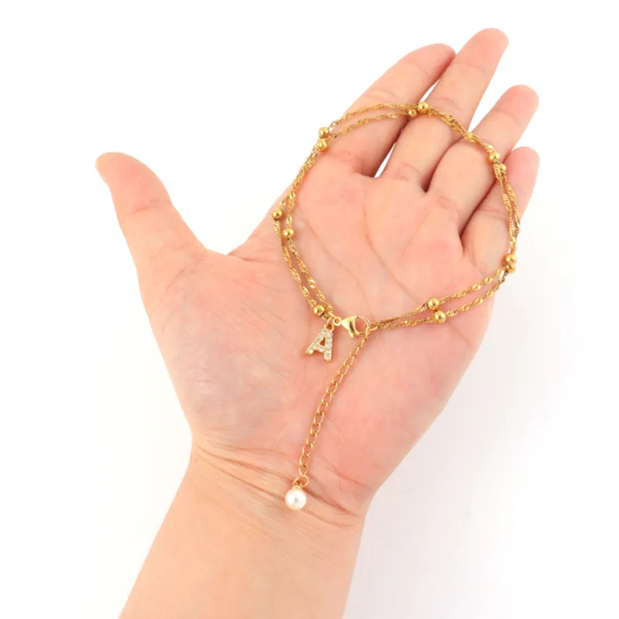 Gold Plated Letter Anklet with Pearl & Zircon