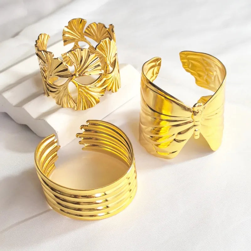 Gold Butterfly & Ginkgo Leaf Stainless Steel Bangle