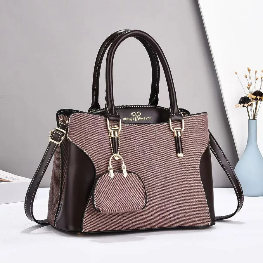 Color Block PU Shoulder Handbag for Women Brown