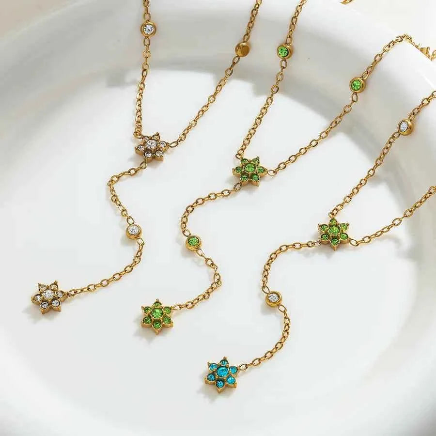 18K Gold Plated Flower Zircon Stainless Steel Necklace
