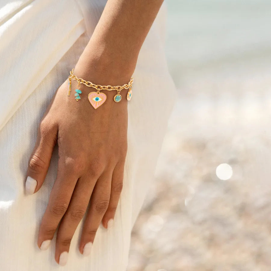 Gold Pink Devil's Eye Heart Bracelet