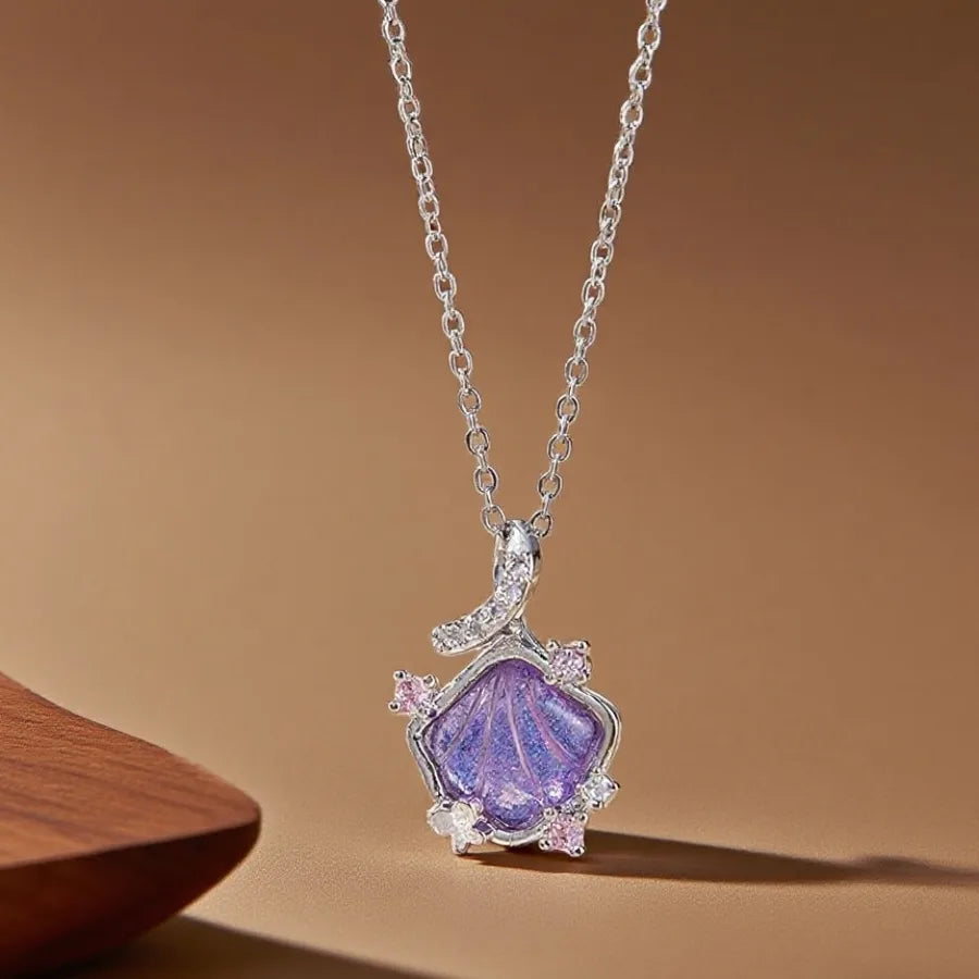 Geometric Titanium Steel Necklace for Women X08012 [Copper Pendant] Inlaid Diamond Purple Shell Necklace - Silver