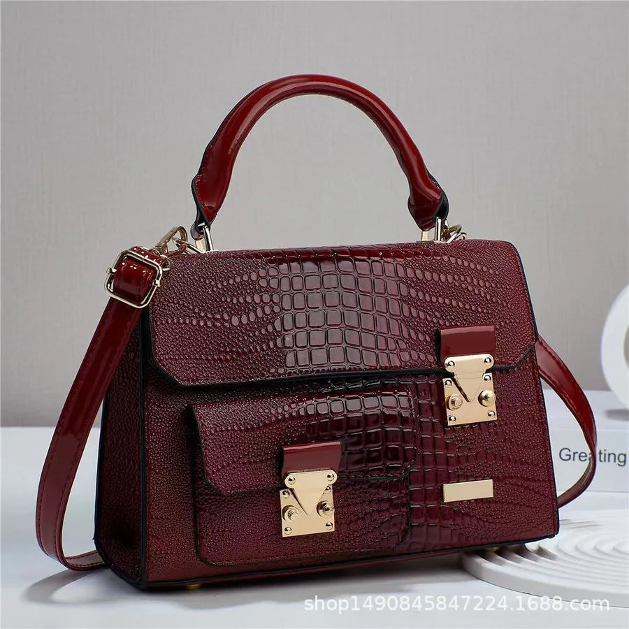 Retro Croc-Pattern PU Shoulder Bag Red