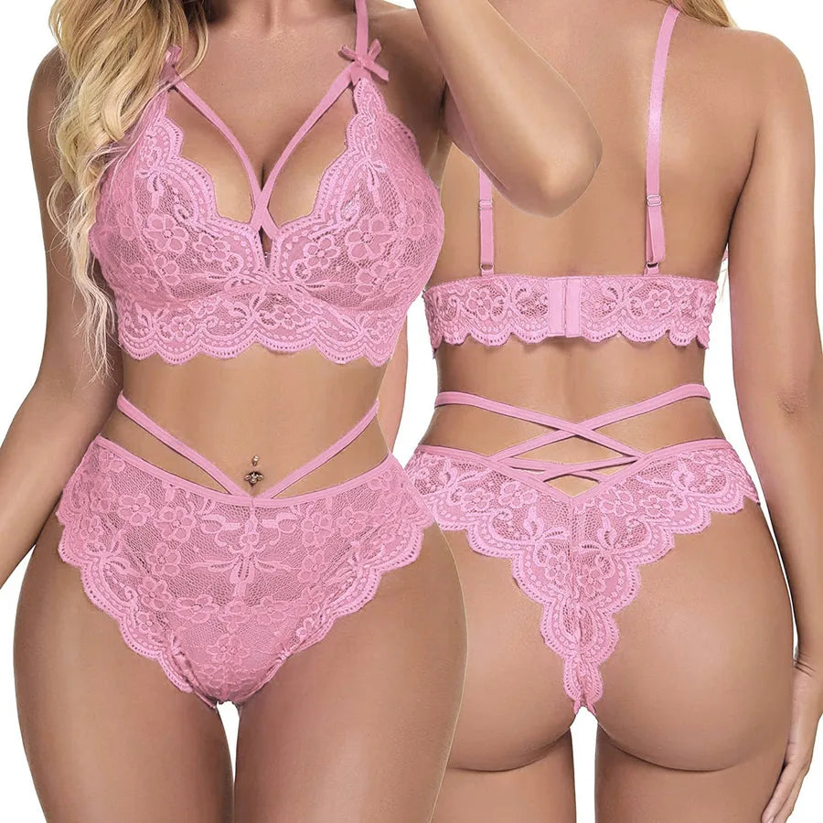 Women's Lace Spandex Lingerie Set M Pink