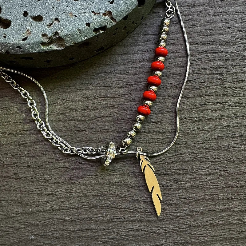 Red Stone Feather Pendant Titanium Necklace