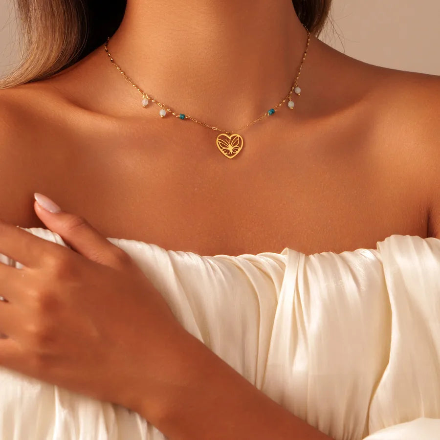 18K Gold Heart & Butterfly Stainless Steel Necklace