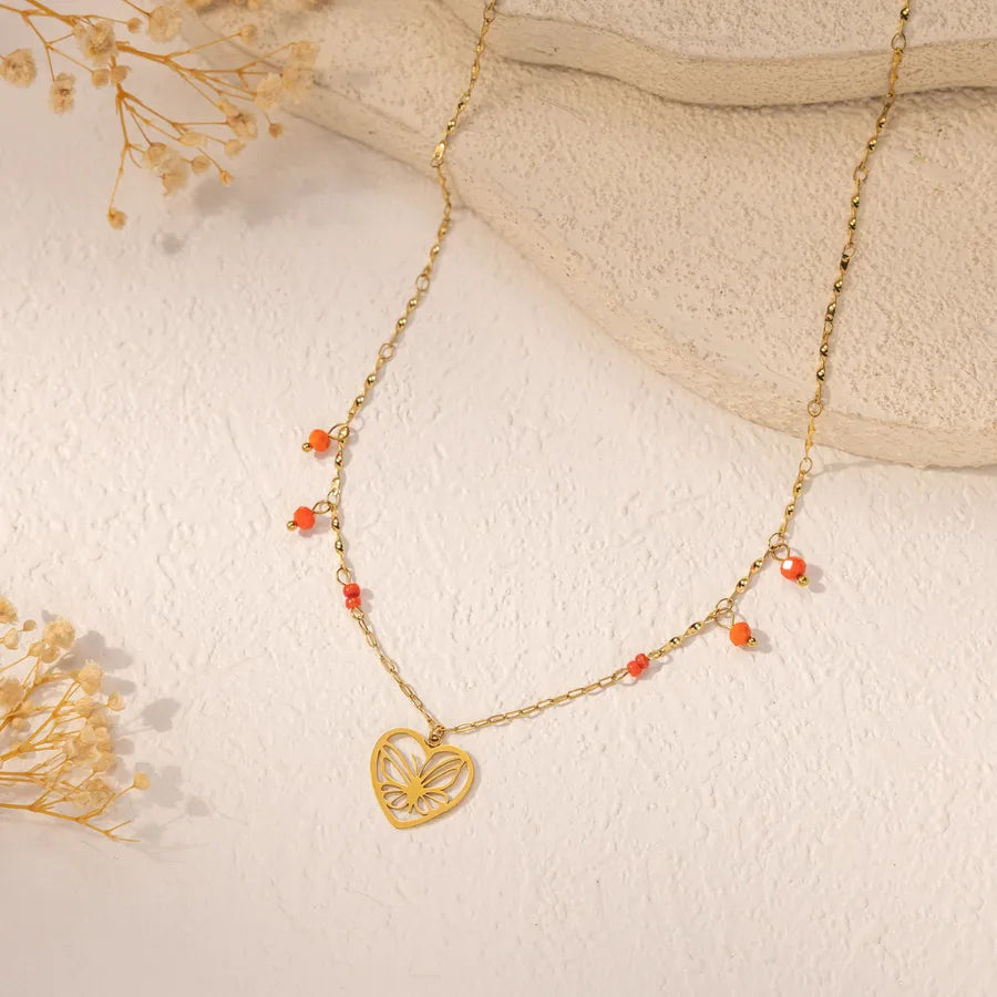 18K Gold Heart & Butterfly Stainless Steel Necklace Average Size Multicolor X-09-54