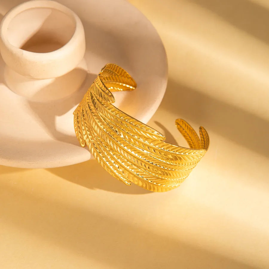 18K Gold Leaf Stainless Steel Open Bangle BJGB0160$
