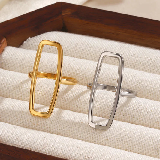 18K Gold Plated Hollow Rectangle Ring for Women