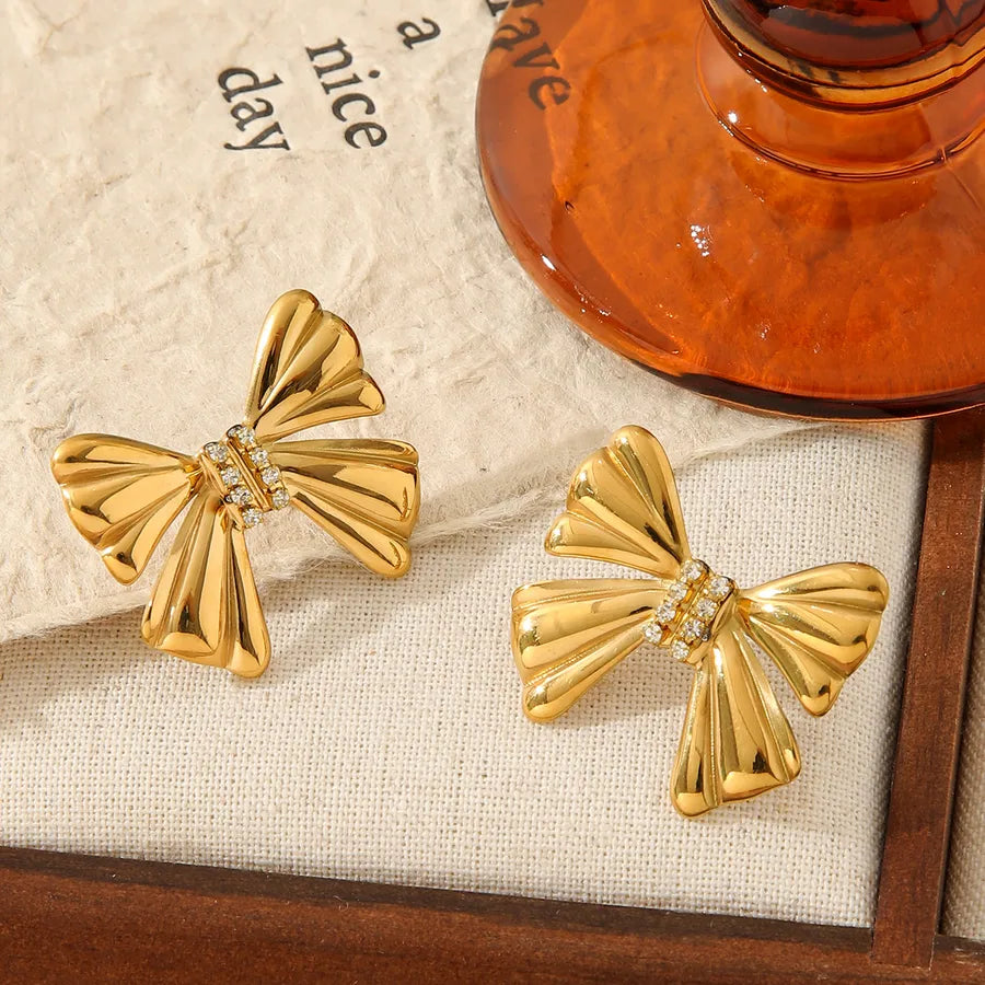 Butterfly Knot Titanium Stud Earrings Golden 03