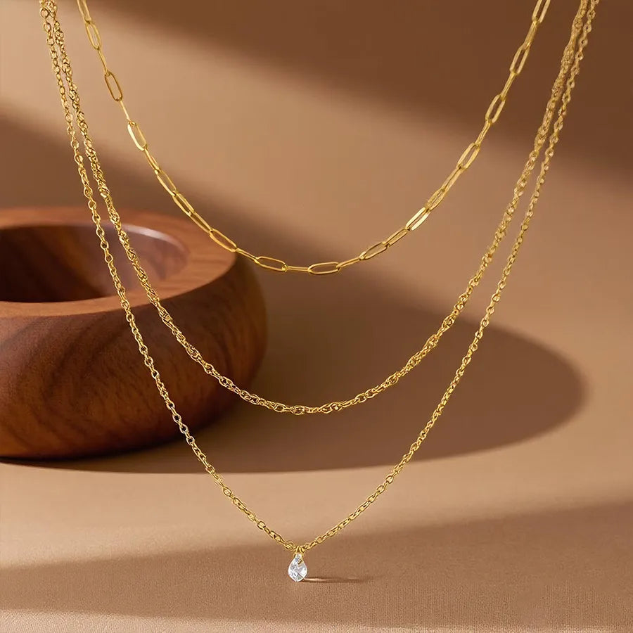 Double Layer Titanium Steel Heart Necklace X0143-Three-layer Water Drop Diamond Necklace- Gold