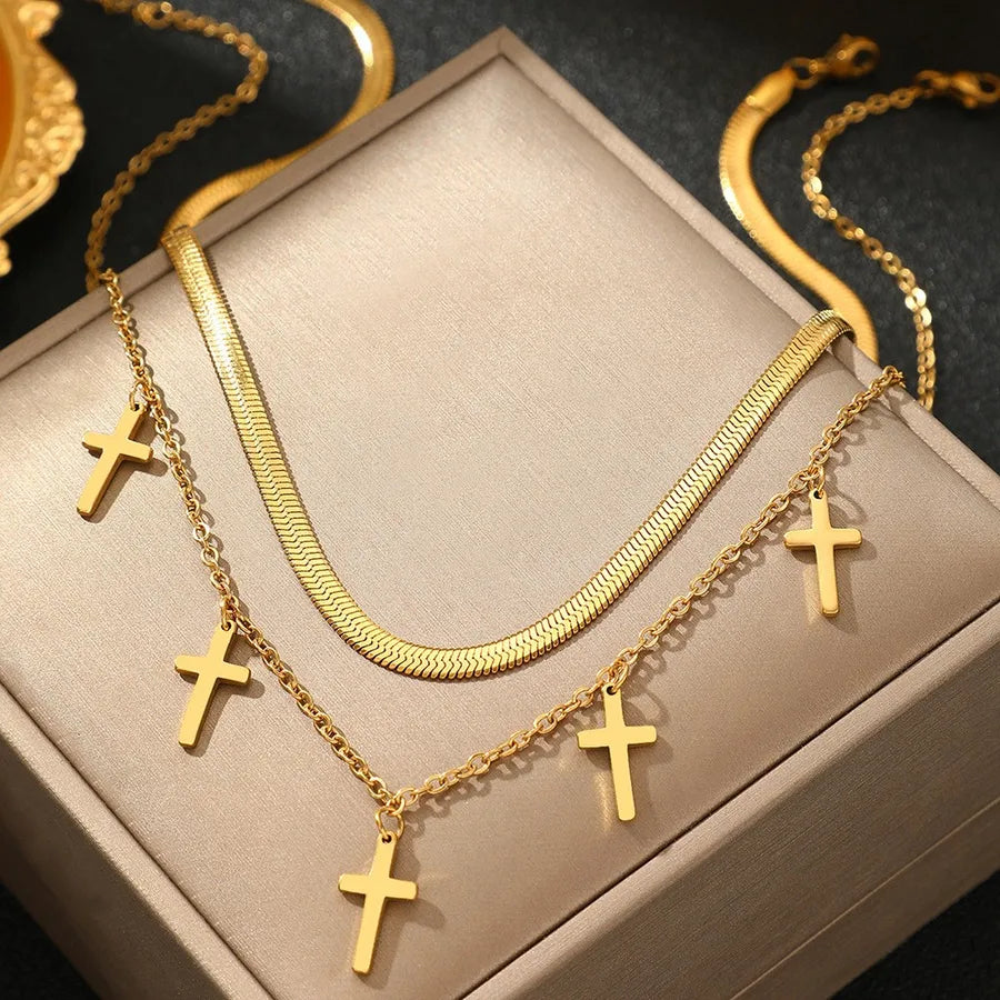 Gold Plated Stainless Steel Layered Pendant Necklace Average Size Gold 006#