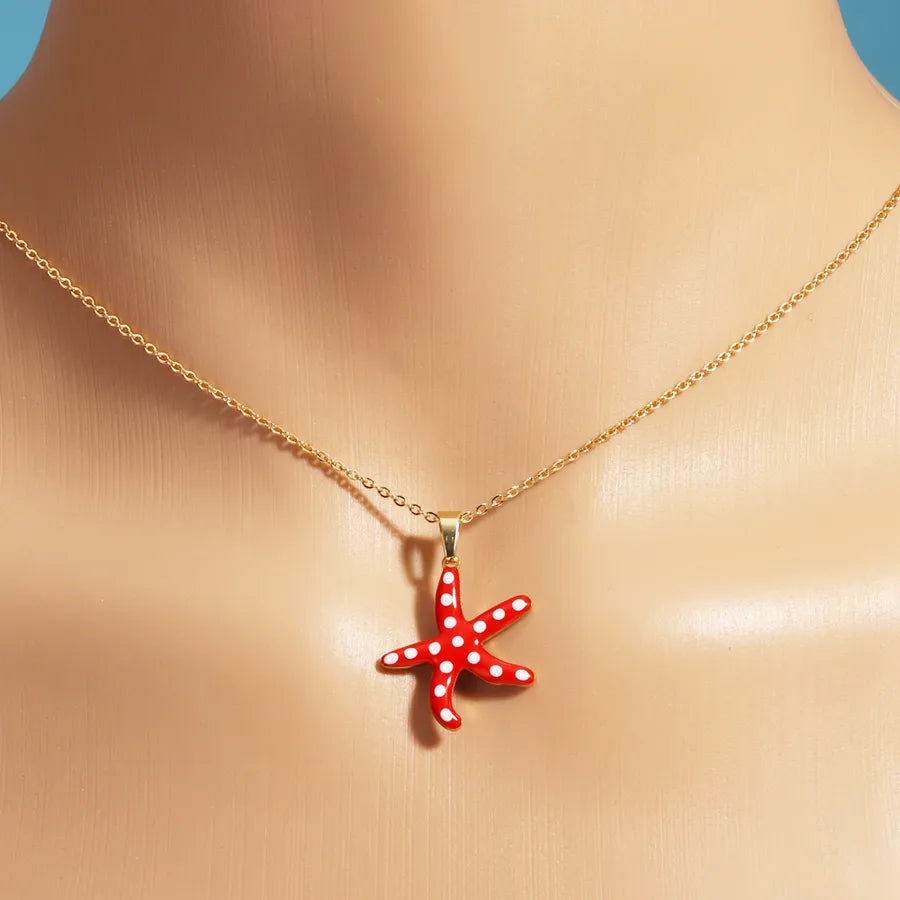 Gold Enamel Starfish Pendant Necklace Starfish Red