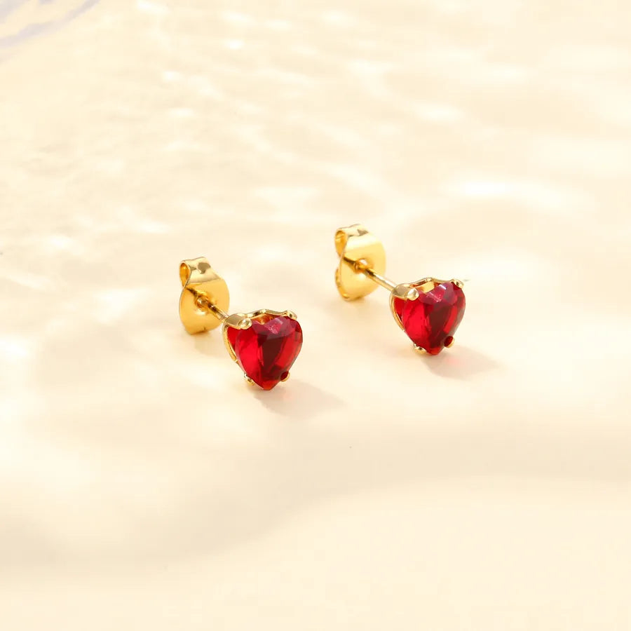 Heart-Shaped Zircon Stainless Steel Earrings Red